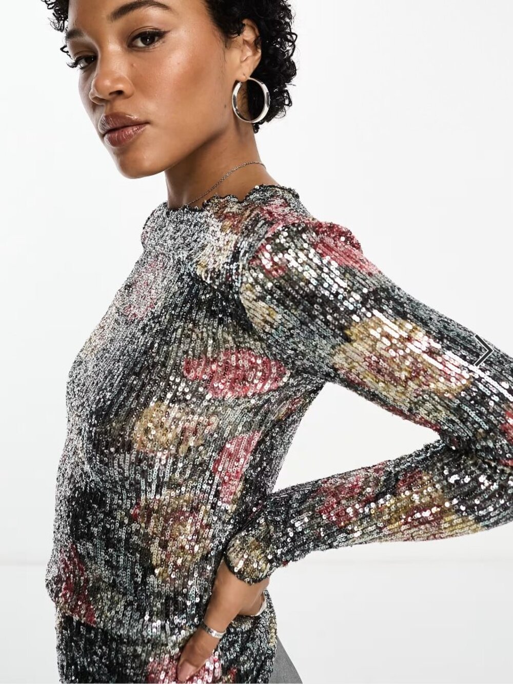 Free People Long Sleeve Floral Sequin Top in Silver Size XS